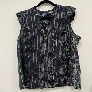 Pilcro Navy Floral-Striped Ruffle Sleeve Button Front Blouse